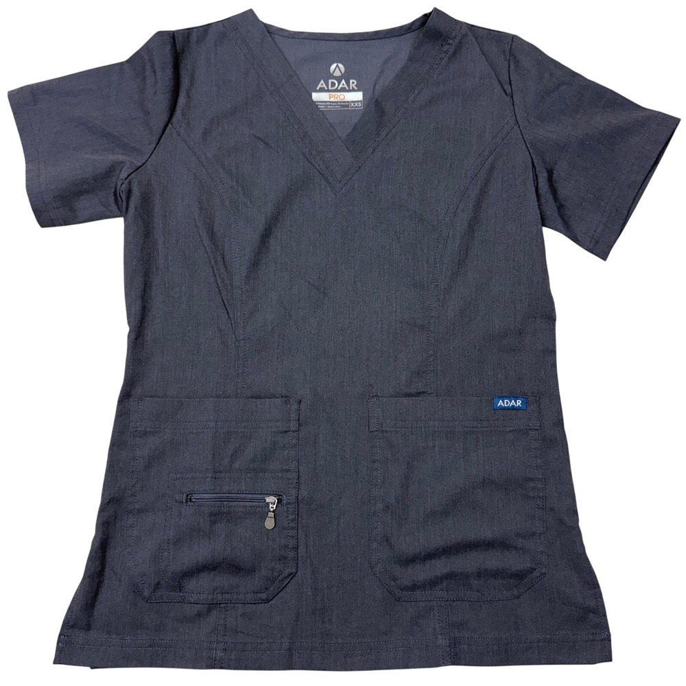 Adar Pro Women Scrub Top XXS Gray V-Neck Zipper Pocket Medical Uniform P6008